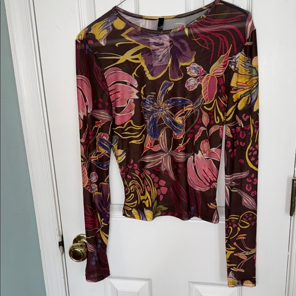 Brown Floral Mesh Long Sleeve Tee - Women's